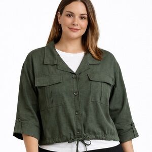 3rd+Malt Army Green Crop Utility Jacket Medium Drawstring Button Front